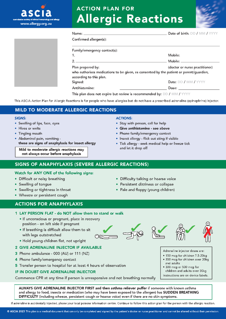 Allergic Reactions - ASCIA Action Plan